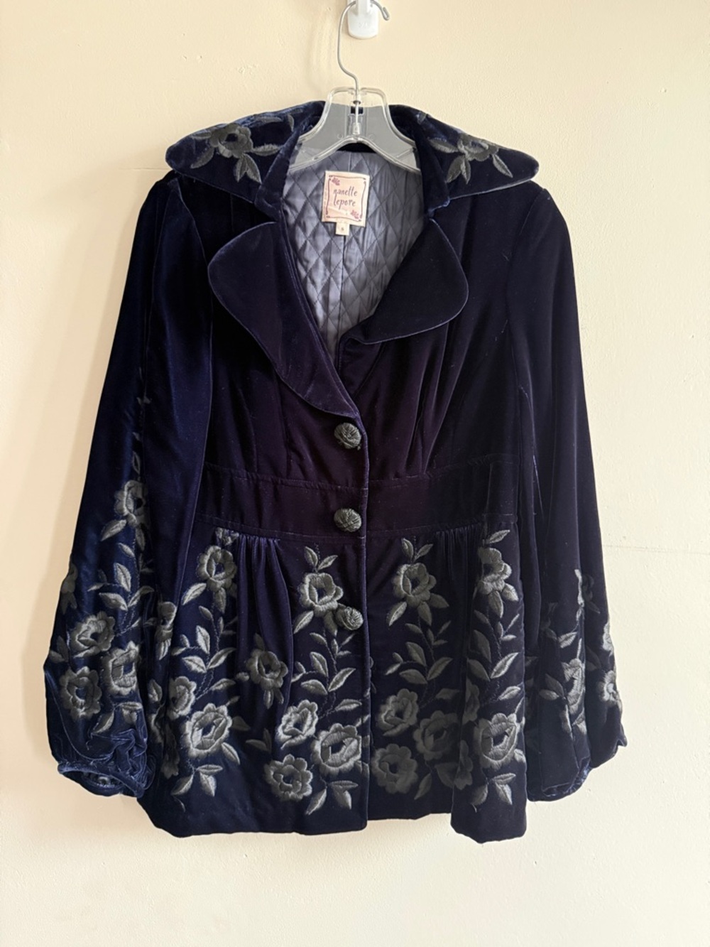 Nanette Lepore Midnight Blue Velvet Floral Embroidered Blazer